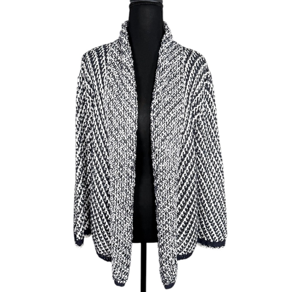 Ruby Rd Womens Medium Navy Blue White Textured Knit Open Front Cardigan Sweater